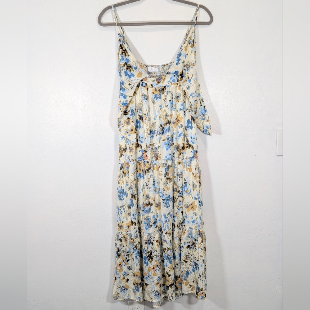 NSR Blue Cream Floral Sleeveless Dress Adjustable Strap Size M Midi Tie Front